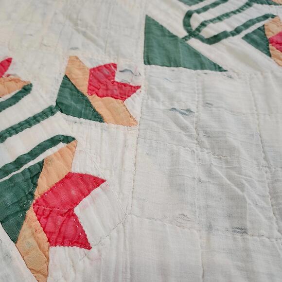 Vintage Handmade Quilt Floral Tulip Applique Cottagecore Farmhouse Tattered Torn - Picture 2 of 9